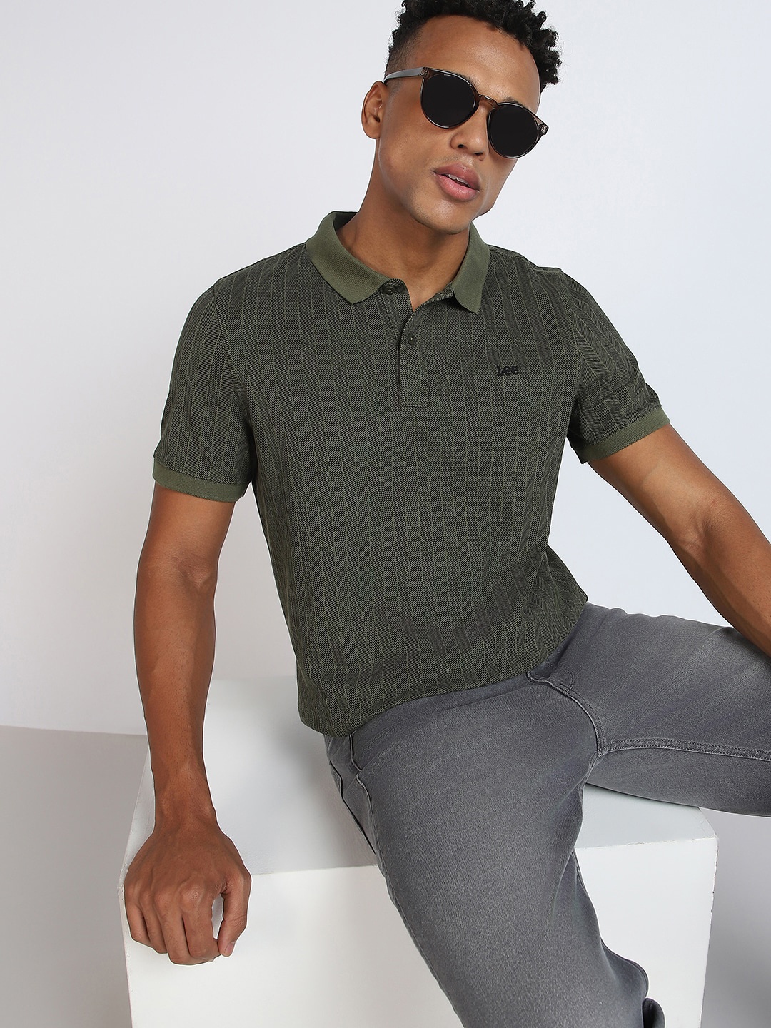 

Lee Self Design Polo Collar Cotton Slim Fit T-shirt, Green