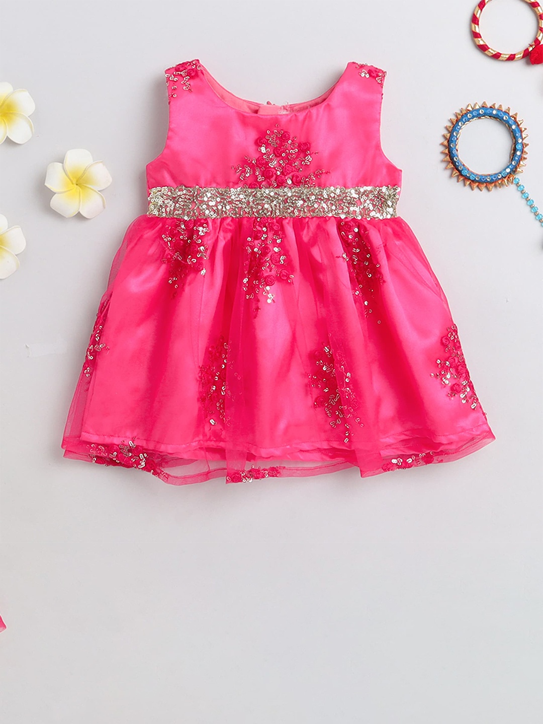 

MANY FROCKS & Infants Floral Embellished Round Neck Gathered Fit & Flare Dress, Pink