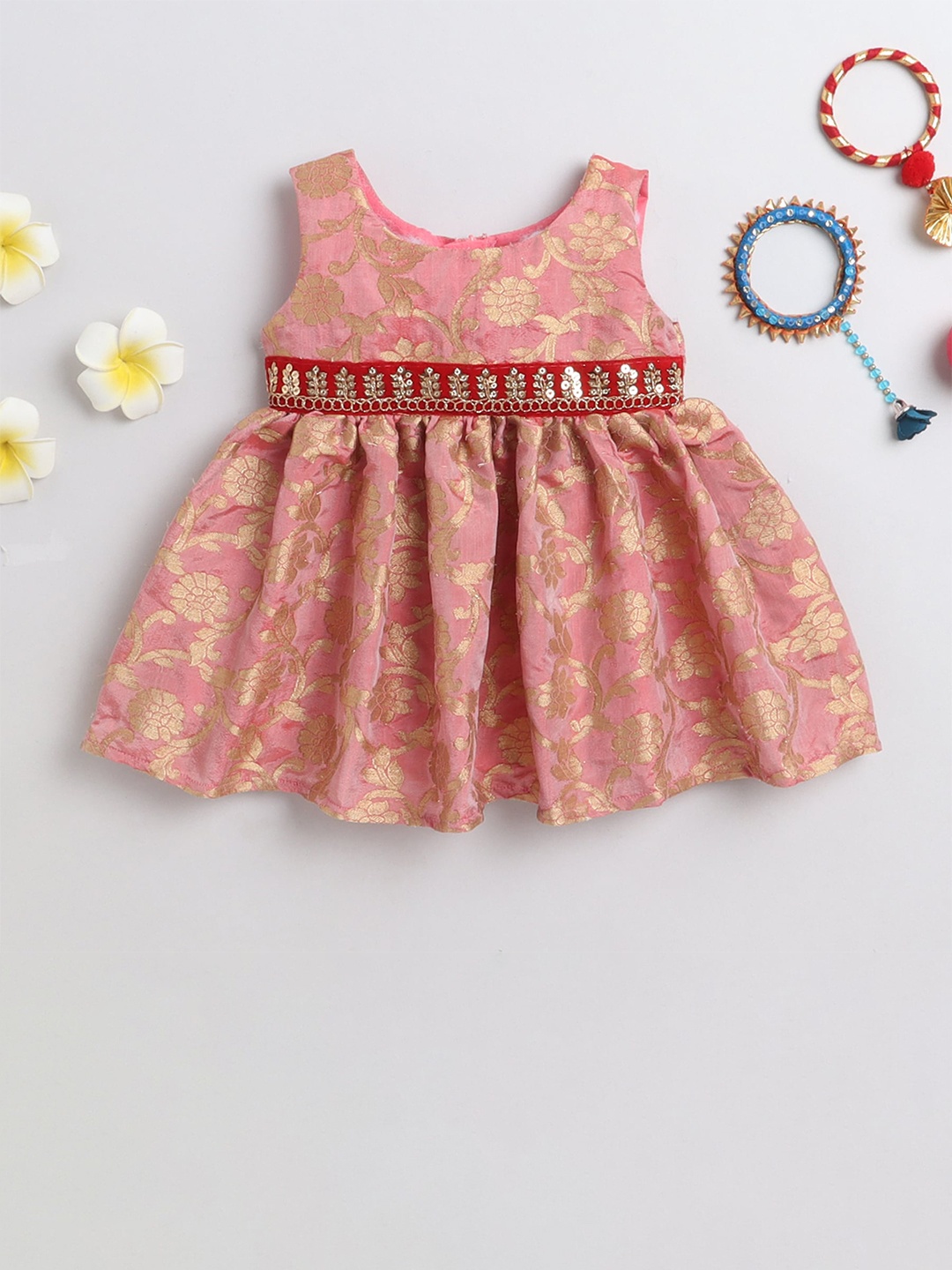 

MANY FROCKS & Infants Floral Embellished Round Neck Gathered Cotton Fit & Flare Dress, Pink