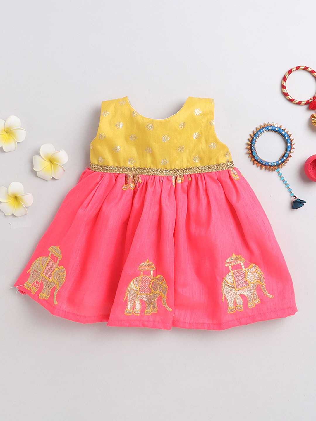 

MANY FROCKS & Infants Ethnic Motifs Embroidered Round Neck Gathered Fit & Flare Dress, Pink