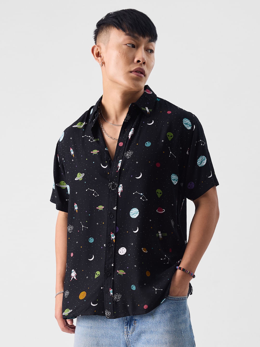 

The Souled Store Black Relaxed Conversational Printed Spread Collar Regular Fit Shirt