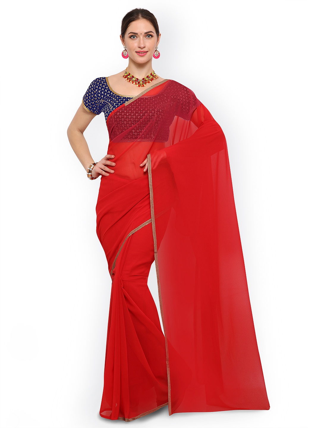 

Saree mall Red Solid Poly Georgette Saree