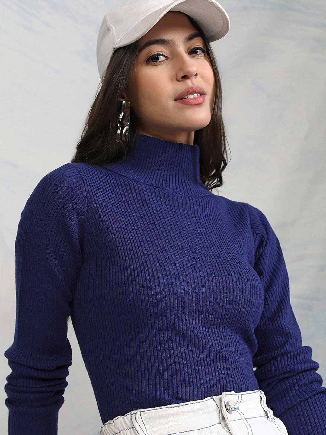

Tokyo Talkies Navy Blue Turtle Neck Ribbed Acrylic Pullover