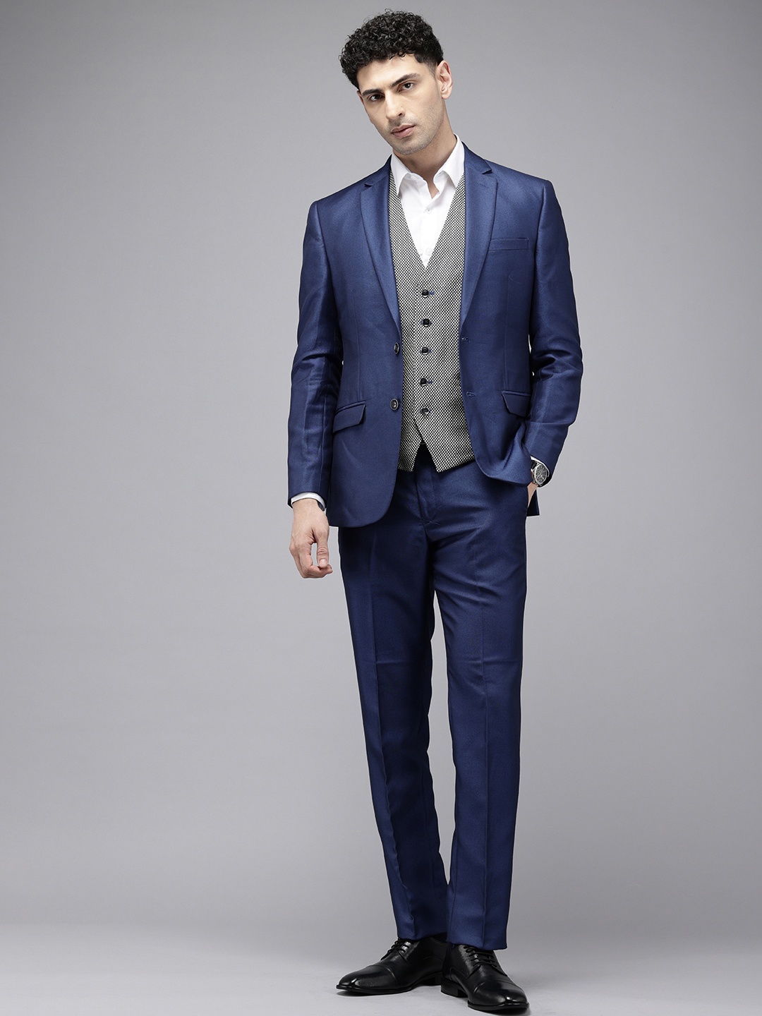 

Park Avenue Self Design Super Slim Fit Single Breasted 3-Piece Party Suit, Blue
