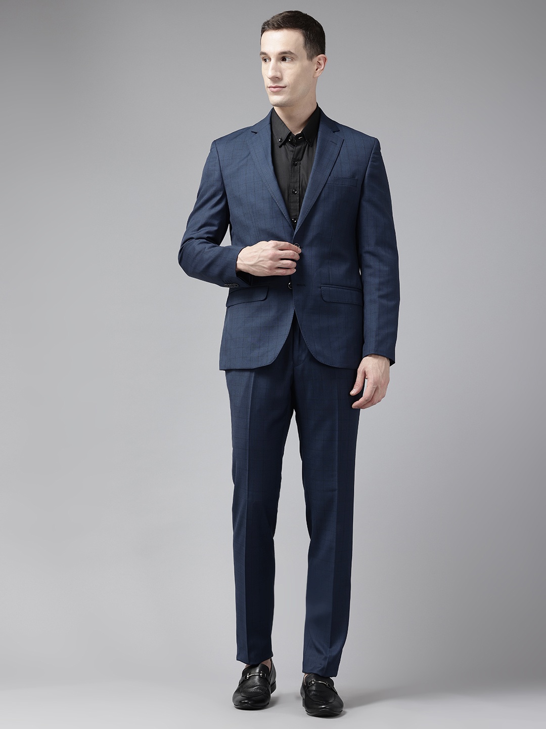 

Park Avenue Checked Slim Fit 2 Piece Formal Suit, Navy blue