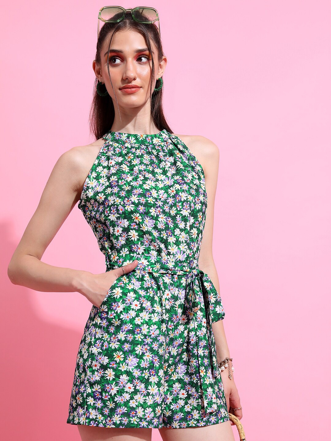 

Tokyo Talkies Green & White Halter Neck Printed Waist Tie-Ups Playsuit Jumpsuit