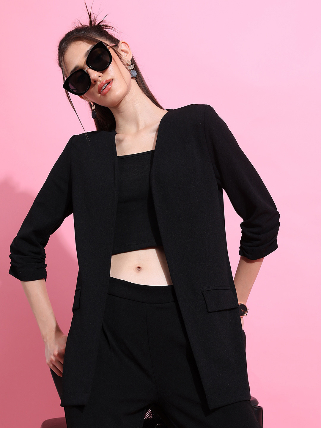 

Tokyo Talkies Black Collarless Front Open Blazer