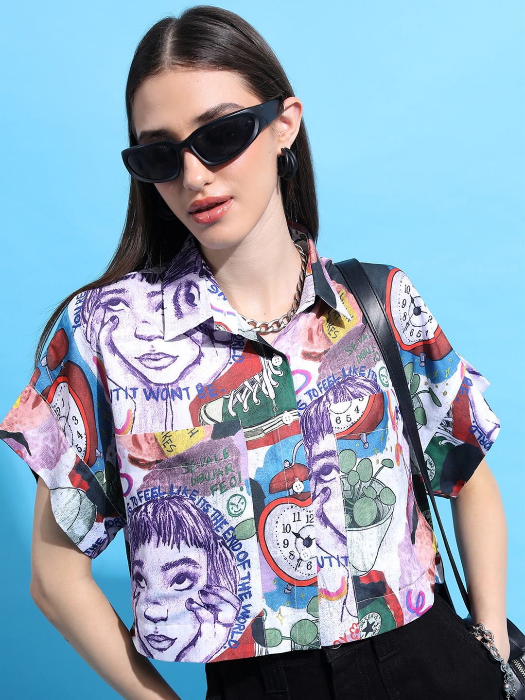 

Tokyo Talkies Women Multicoloured Graphic Printed Extended Sleeve Casual Shirt, Multi
