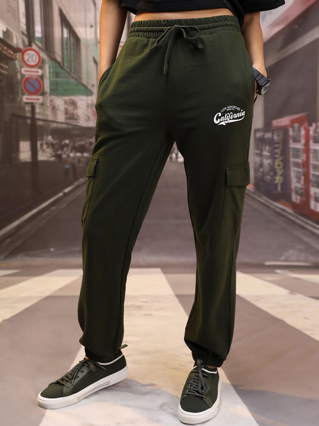 

Tokyo Talkies Women Olive Green High Rise Cargo Joggers