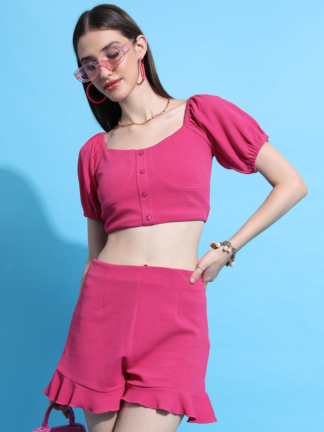 

Tokyo Talkies Pink Puff Sleeves Crop Top With Shorts