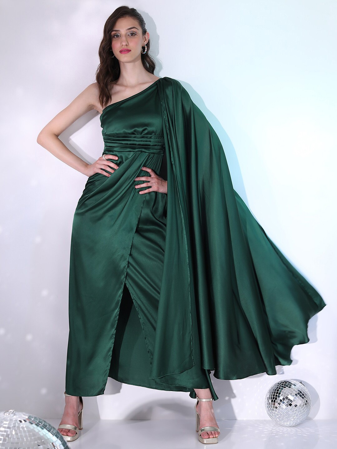 

Tokyo Talkies Green One Shoulder Gathered Or Pleated Satin Wrap Hem Maxi Dress