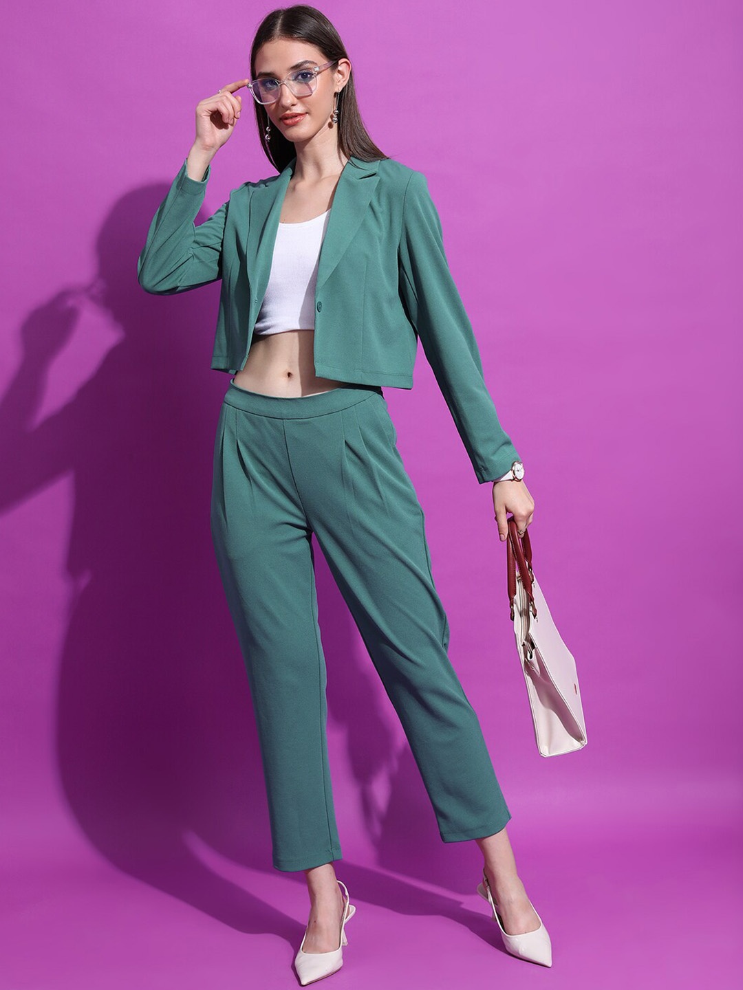 

Tokyo Talkies Crop Blazer With Tailored Trousers, Green