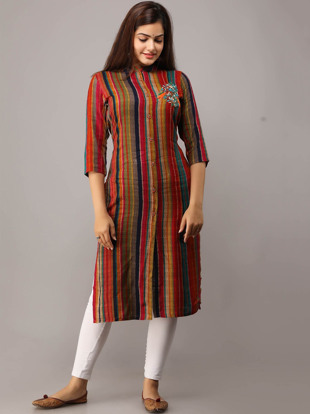 

KALINI Mandarin Collar Striped Thread Work Detail Kurta, Orange