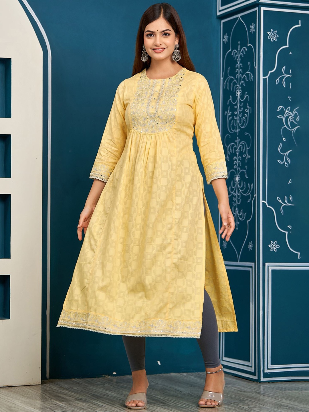 

KALINI Thread Work Detail Yoke Design Embellished Panelled A-Line Kurta, Yellow