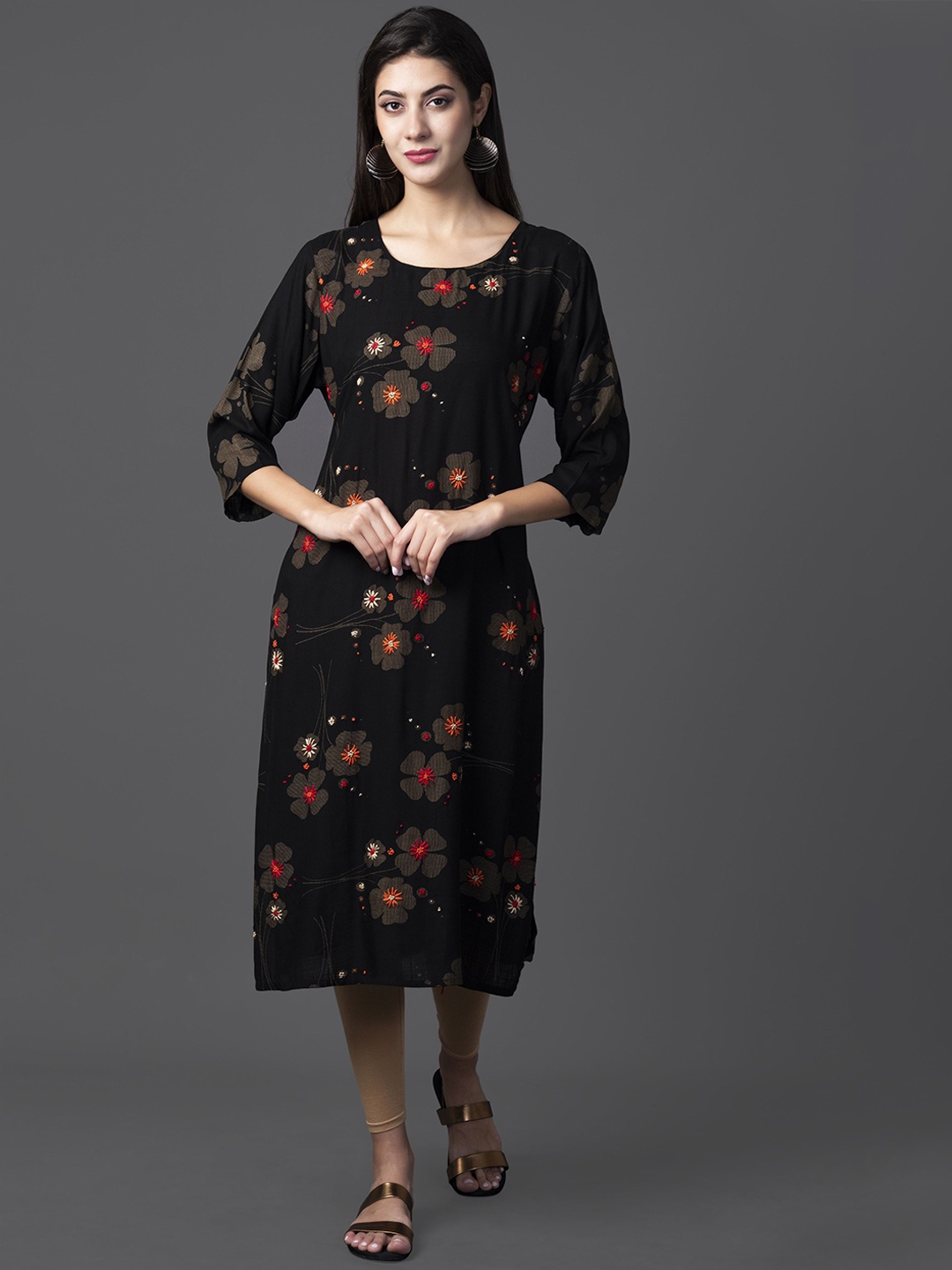 

KALINI Floral Printed Thread Work Detail Straight Kurta, Black