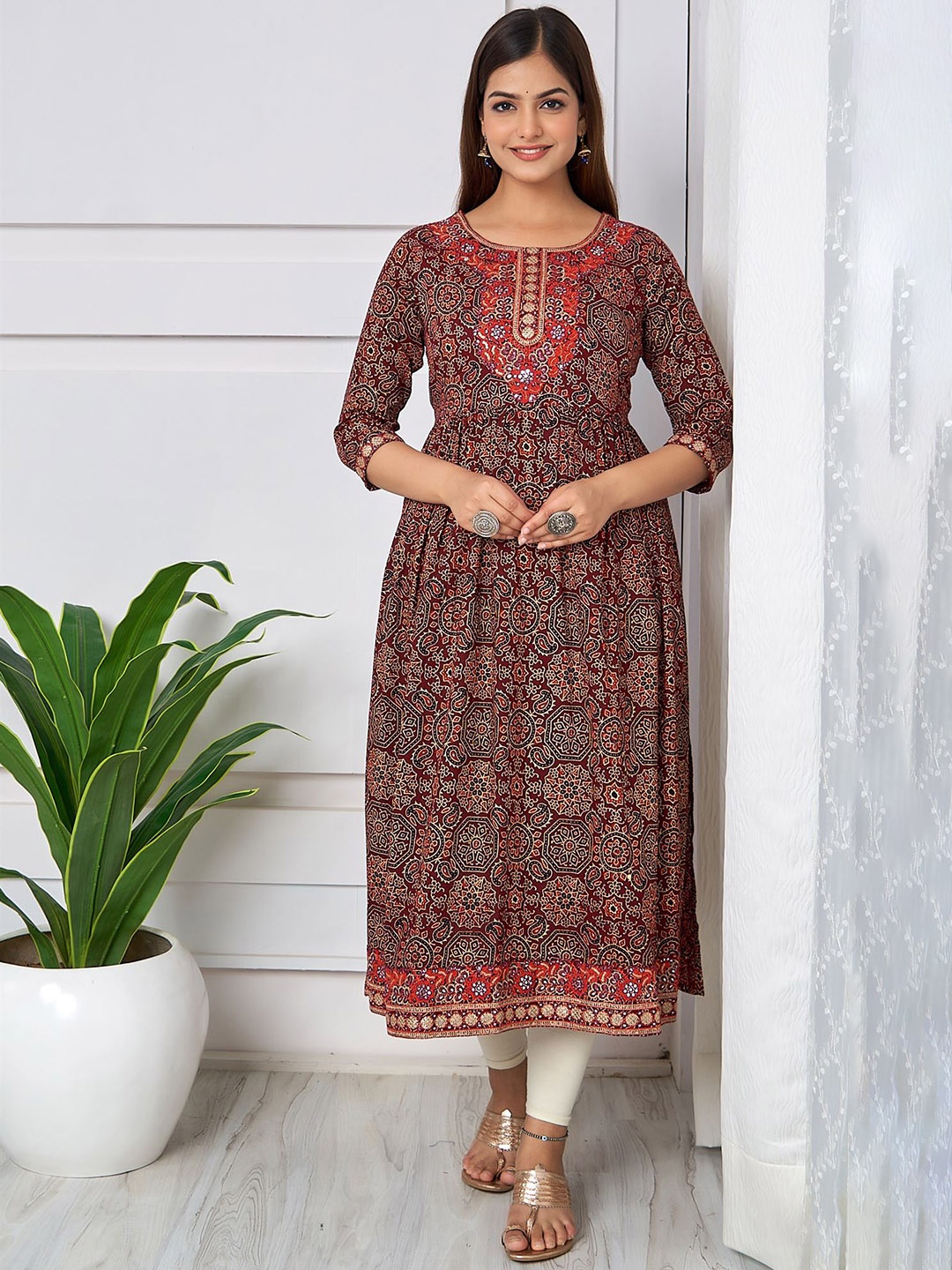 

KALINI Ethnic Motifs Printed Thread Work A-Line Cotton Kurta, Maroon