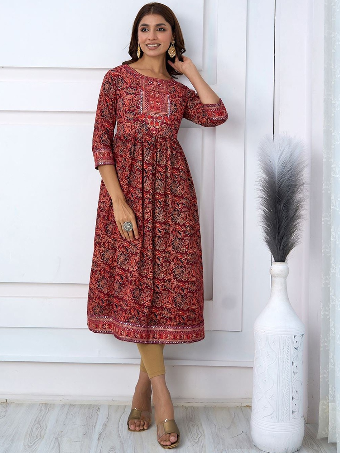 

KALINI Ethnic Motifs Printed Thread Work A-Line Cotton Kurta, Maroon