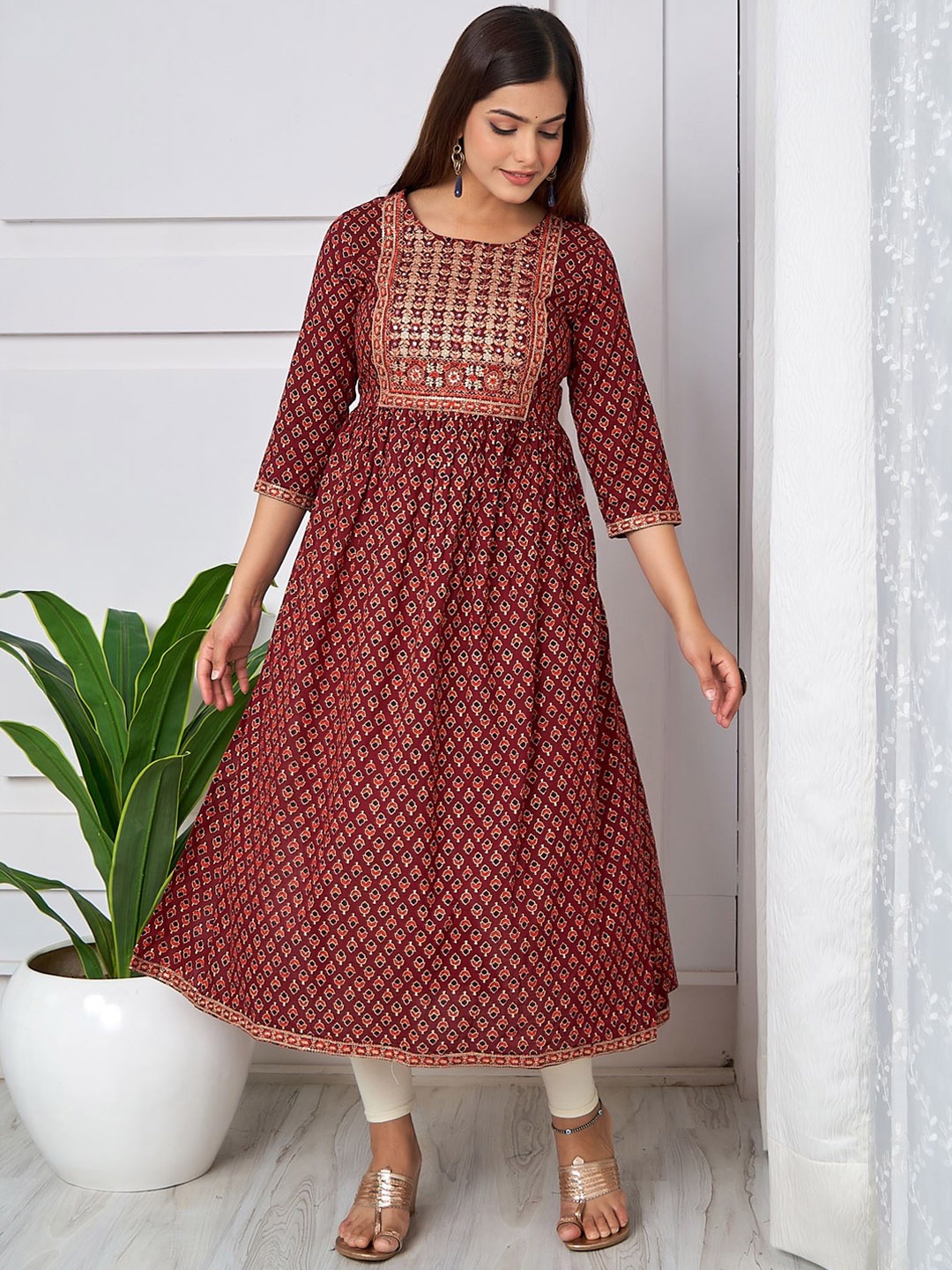 

KALINI Yoke Design Sequinned Floral Printed Pure Cotton A-Line Kurta, Maroon