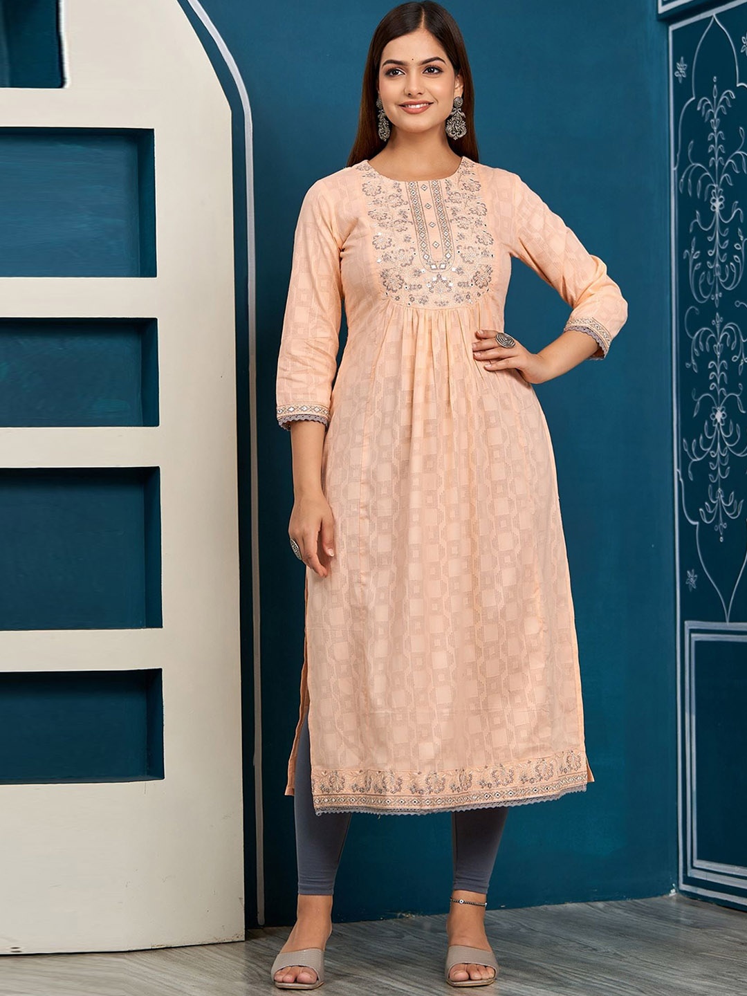 

KALINI Ethnic Motifs Printed Thread Work A-line Pure Cotton Kurta, Peach