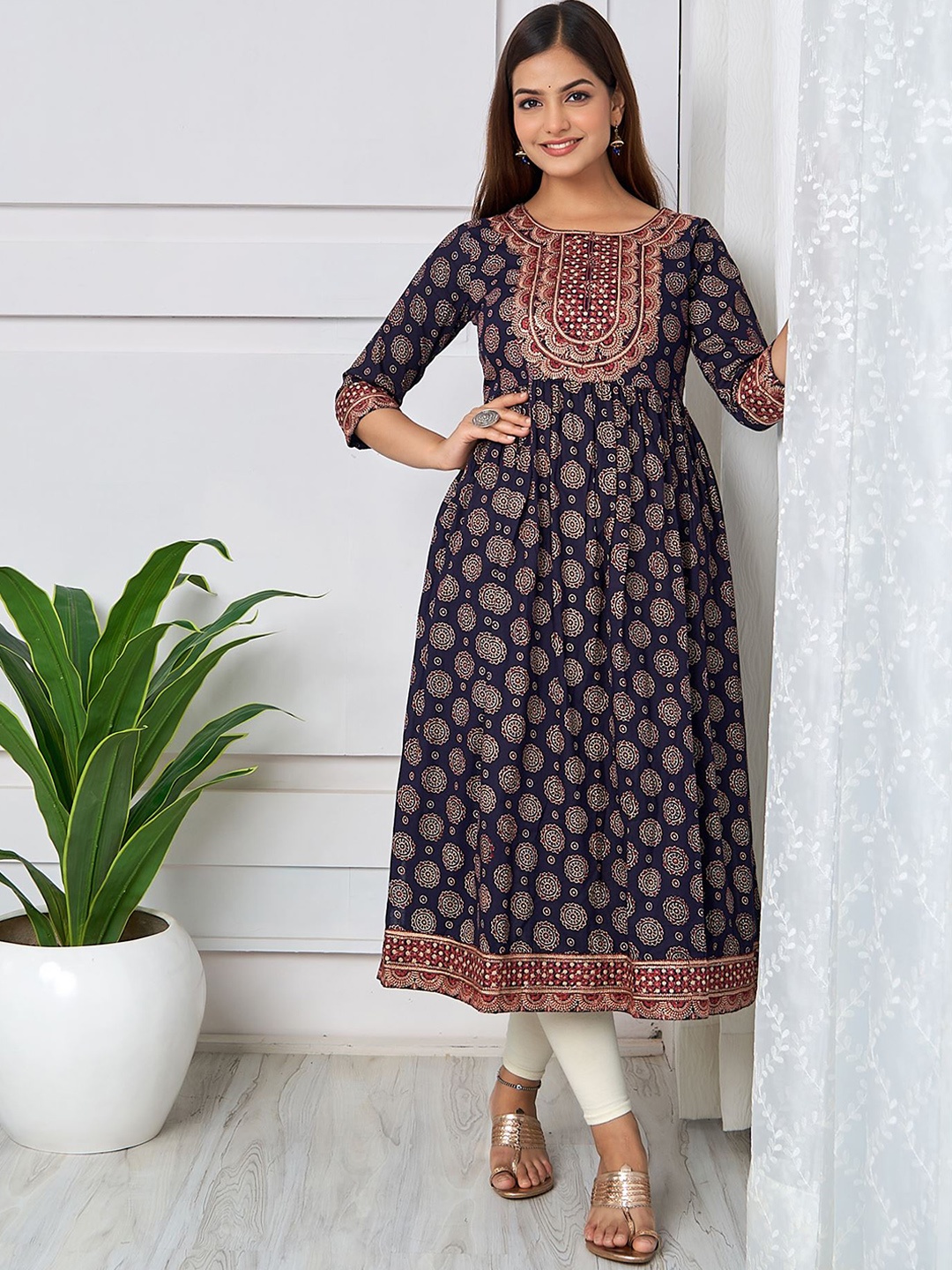 

KALINI Ethnic Motifs Printed Thread Work Pure Cotton A-Line Kurta, Navy blue