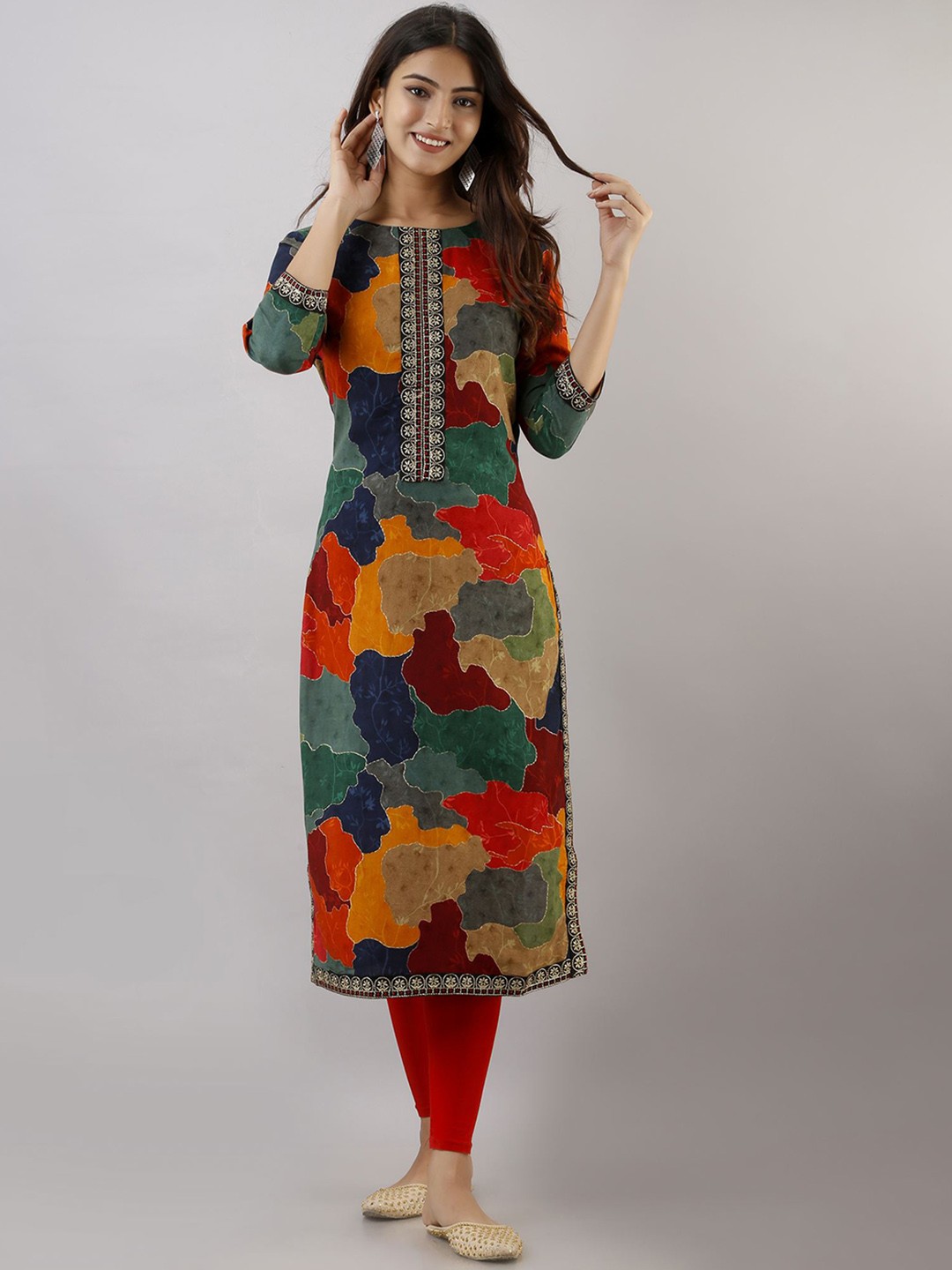 

KALINI Abstract Printed Thread Work Straight Kurta, Green