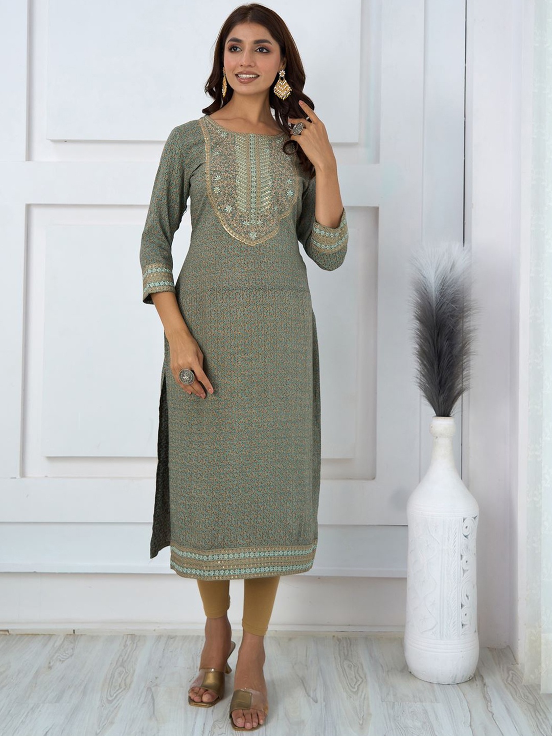 

KALINI Floral Printed Thread Work Straight Kurta, Green