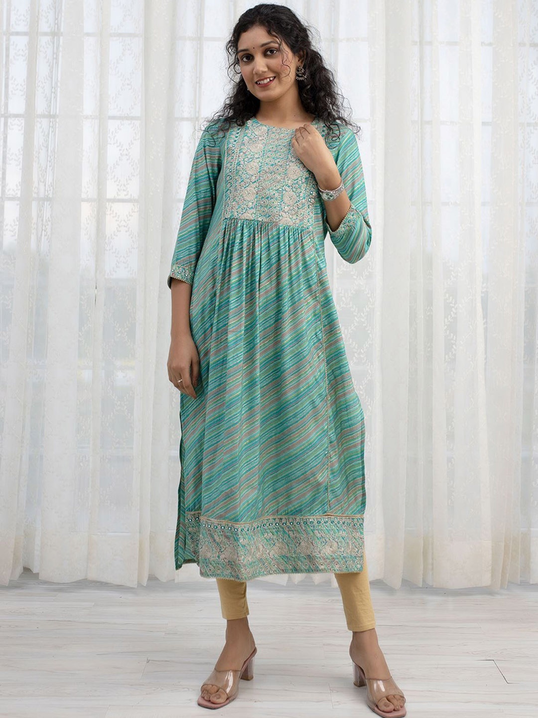 

KALINI Striped Thread Work Pure Cotton A-line Kurta, Turquoise blue