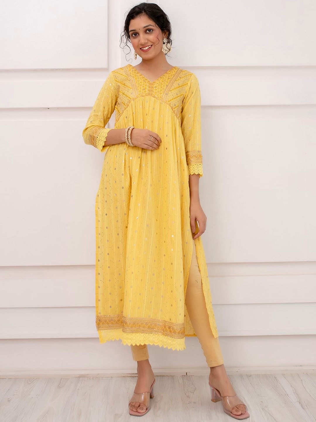 

KALINI Ethnic Motifs Embroidered Pure Cotton A-line Kurta, Yellow