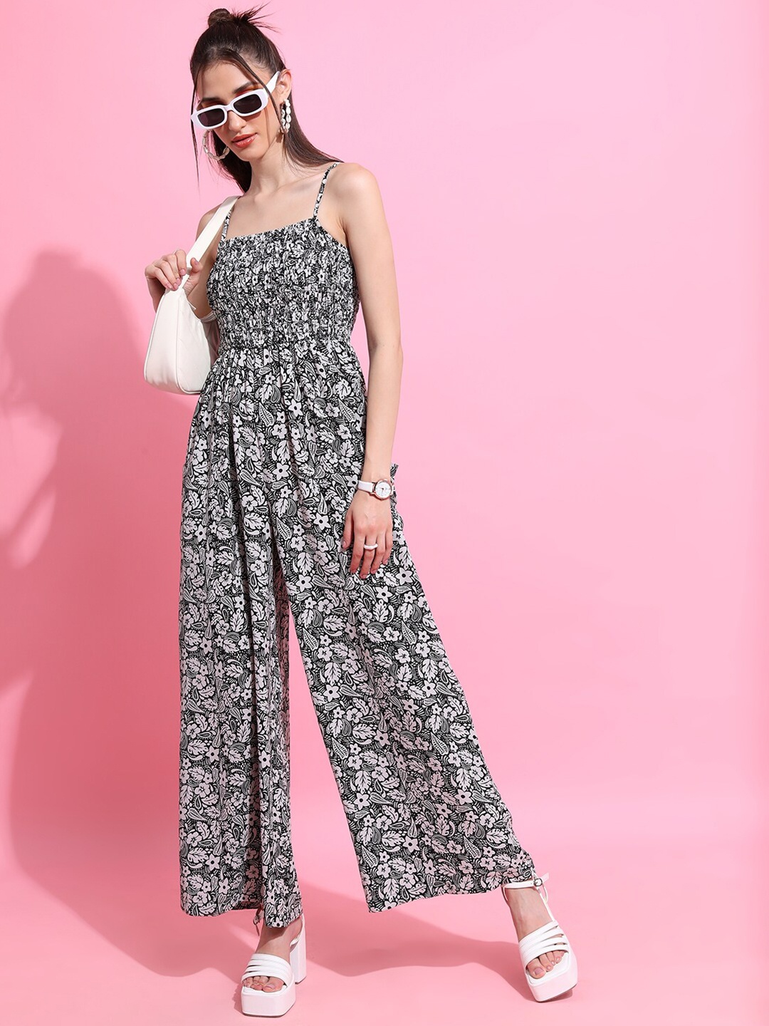 

Tokyo Talkies Black & Off White Floral Printed Smocked Basic Jumpsuit