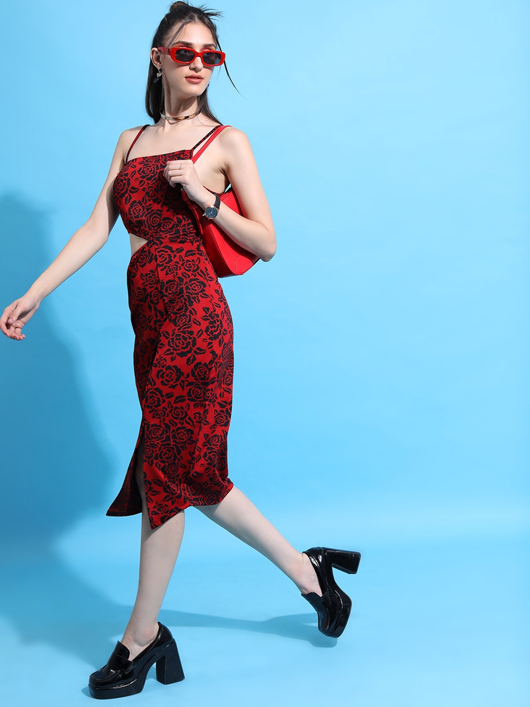 

Tokyo Talkies Red & Black Floral Printed Shoulder Strap Cut-Out Jacquard Sheath Midi Dress