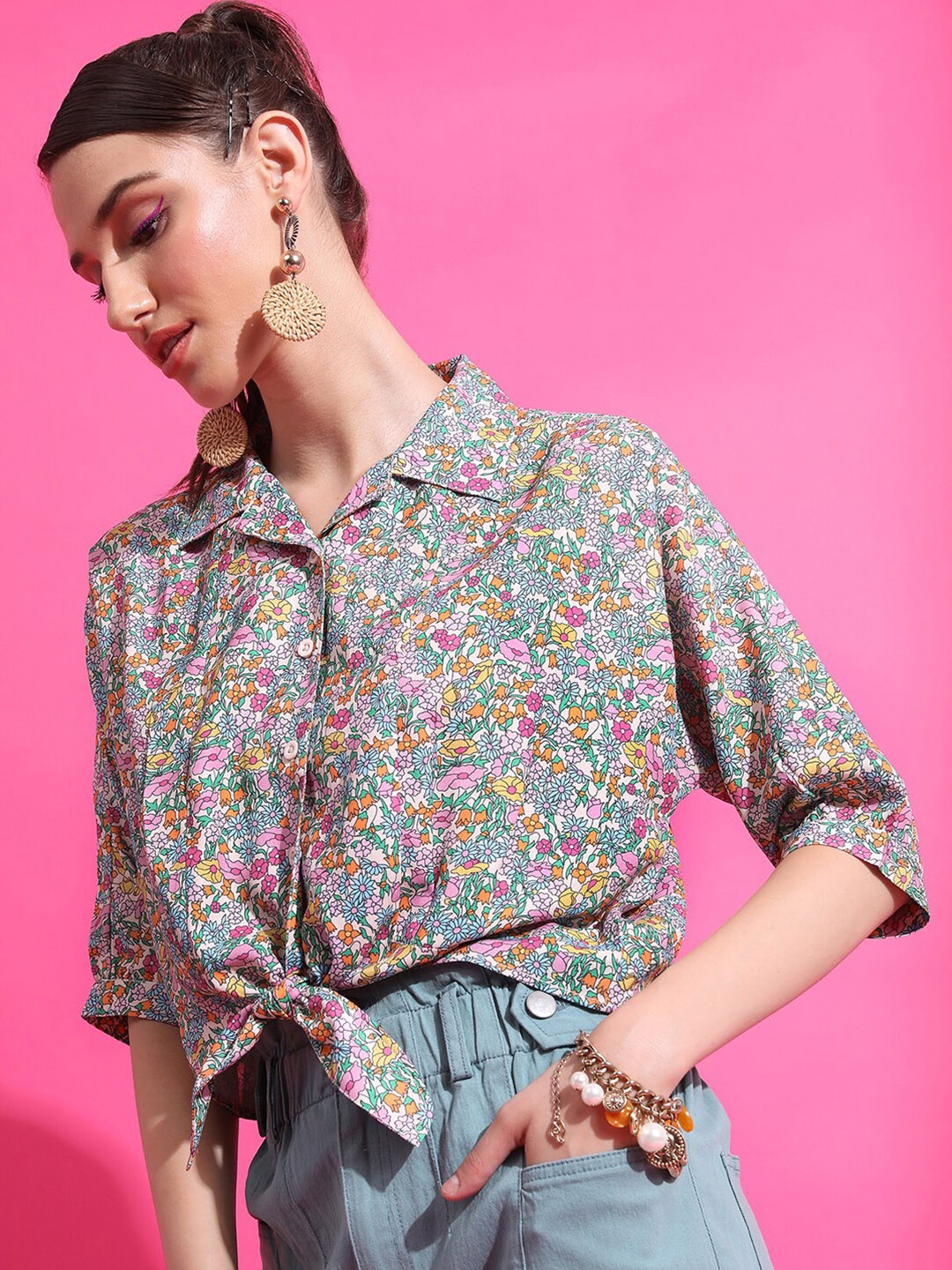 

Tokyo Talkies Floral Printed Cuban Collar Casual Shirt, Yellow