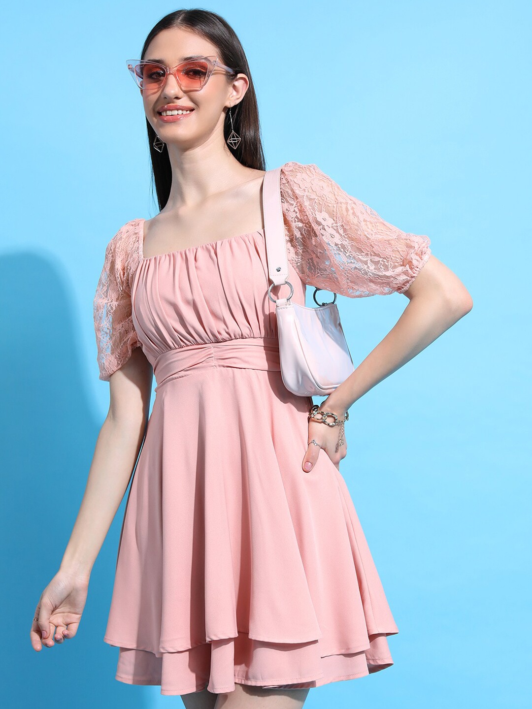 

Tokyo Talkies Pink Puff Sleeve Tie-Up Fit & Flare Mini Dress