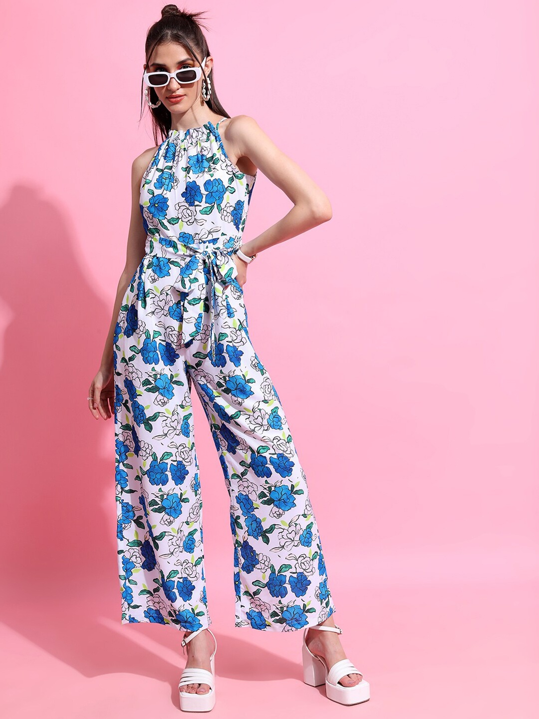 

Tokyo Talkies Blue & White Floral Printed Halter Neck Waist Tie Ups Basic Jumpsuit