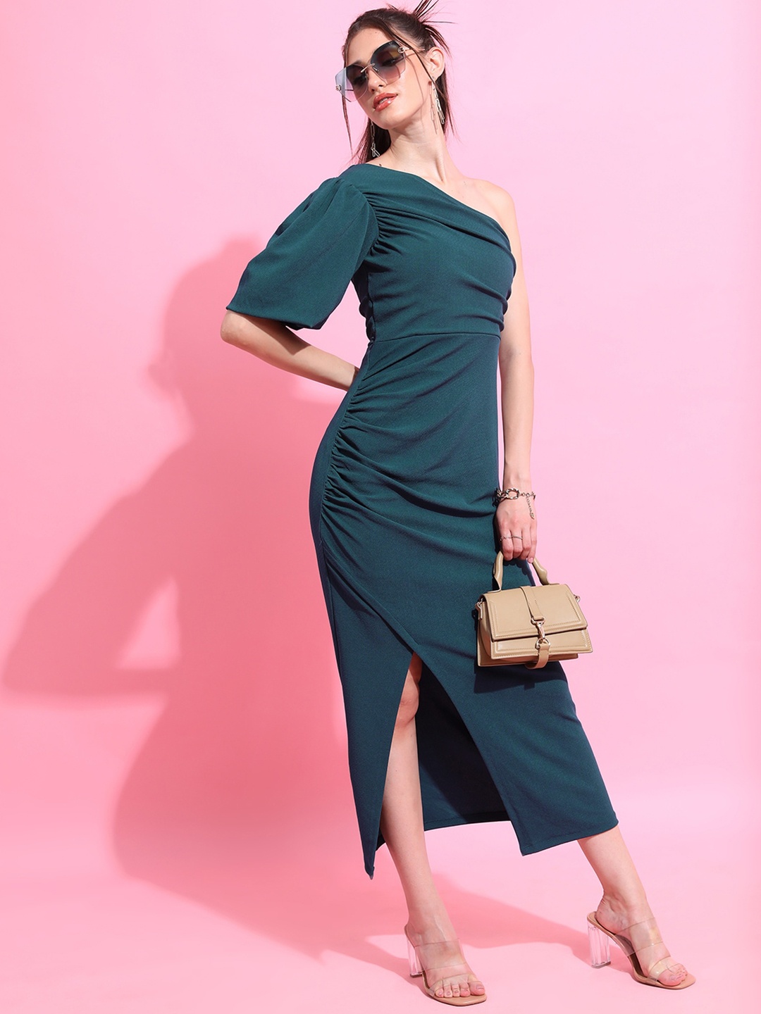 

Tokyo Talkies Teal Green One Shoulder Puffed Sleeve Sheath Maxi Dress