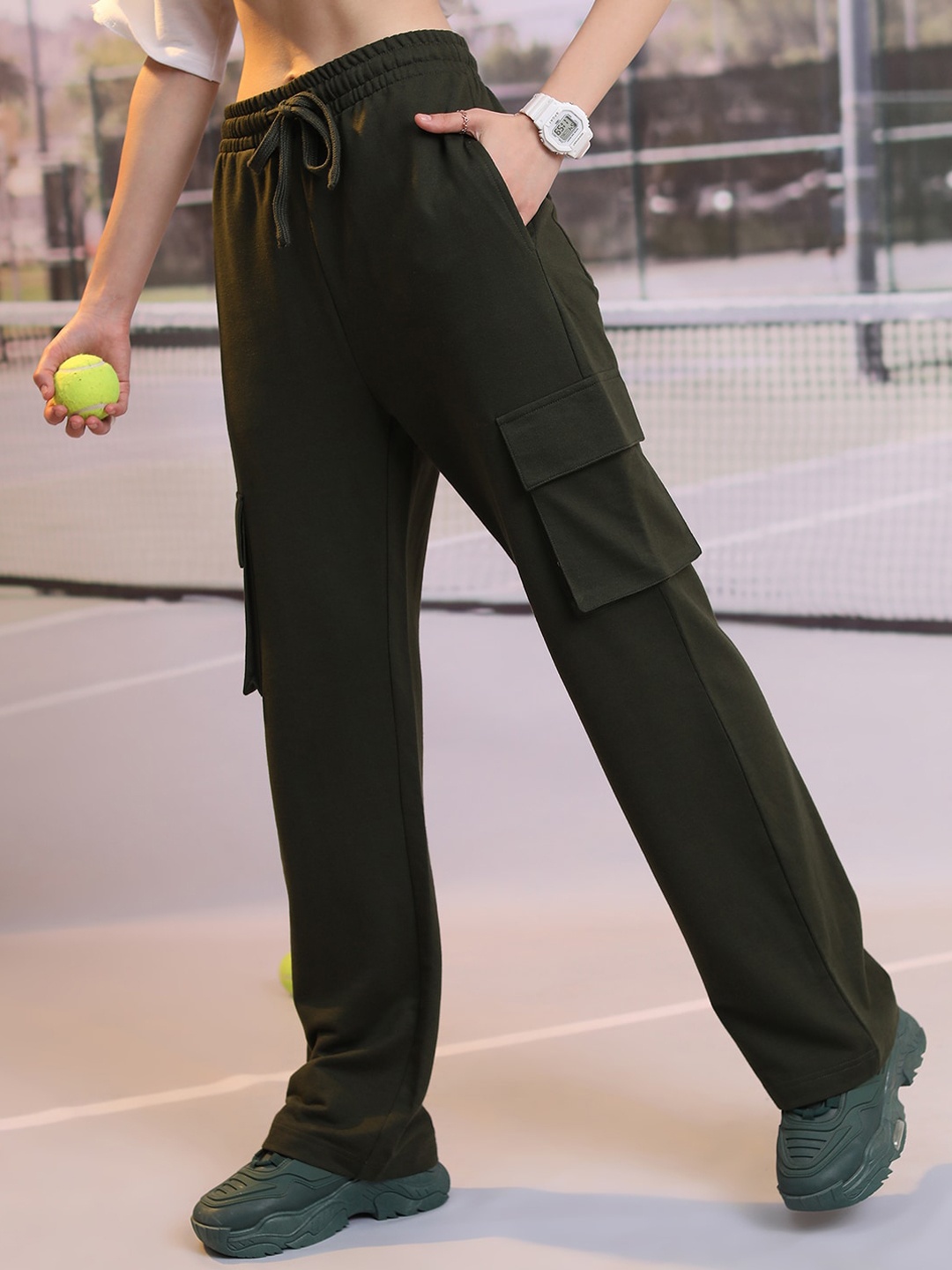 

Tokyo Talkies Women Olive Green High Rise Cargo Trousers