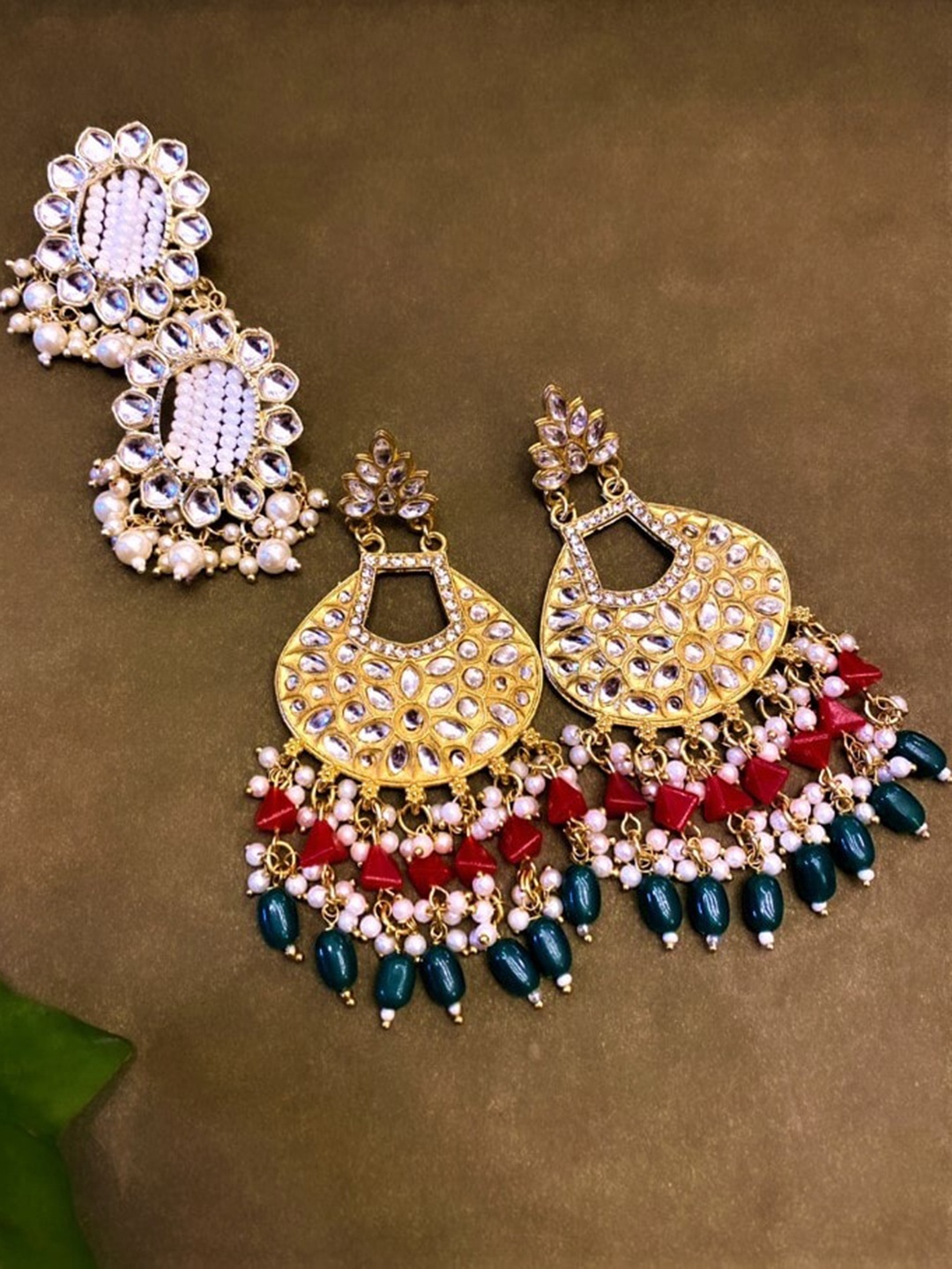 

ATIBELLE Set Of 2 Gold-Plated Contemporary Kundan Studded Drop Earrings