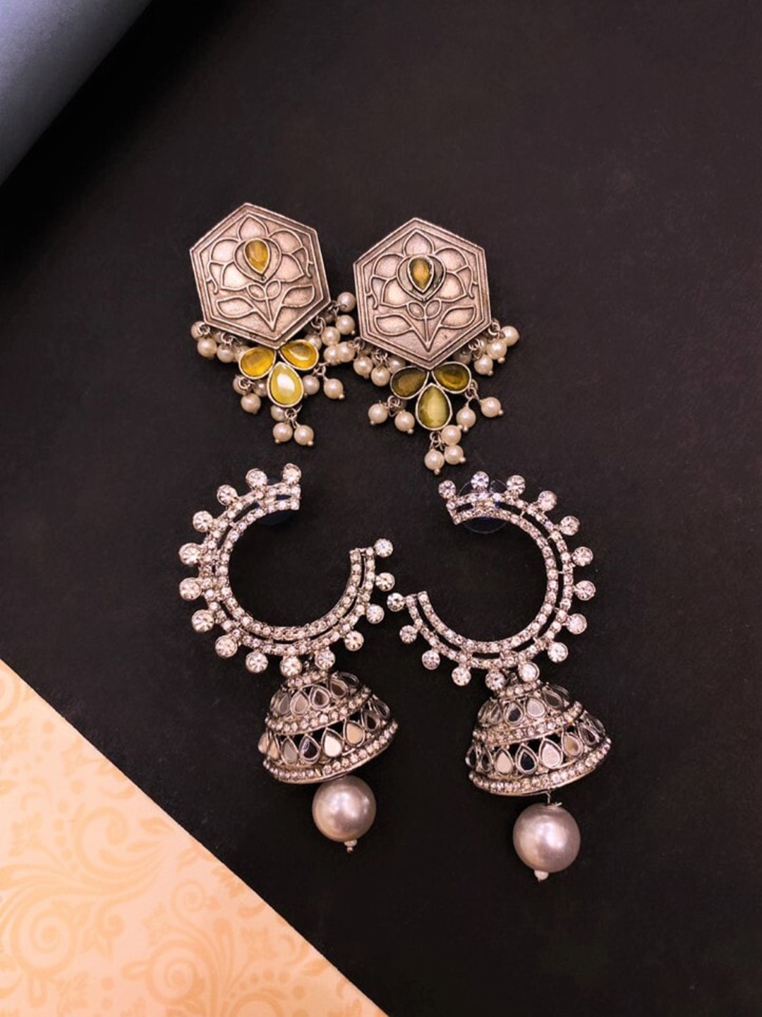 

ATIBELLE Set Of 2 Silver-Plated Contemporary Beaded Drop Earrings