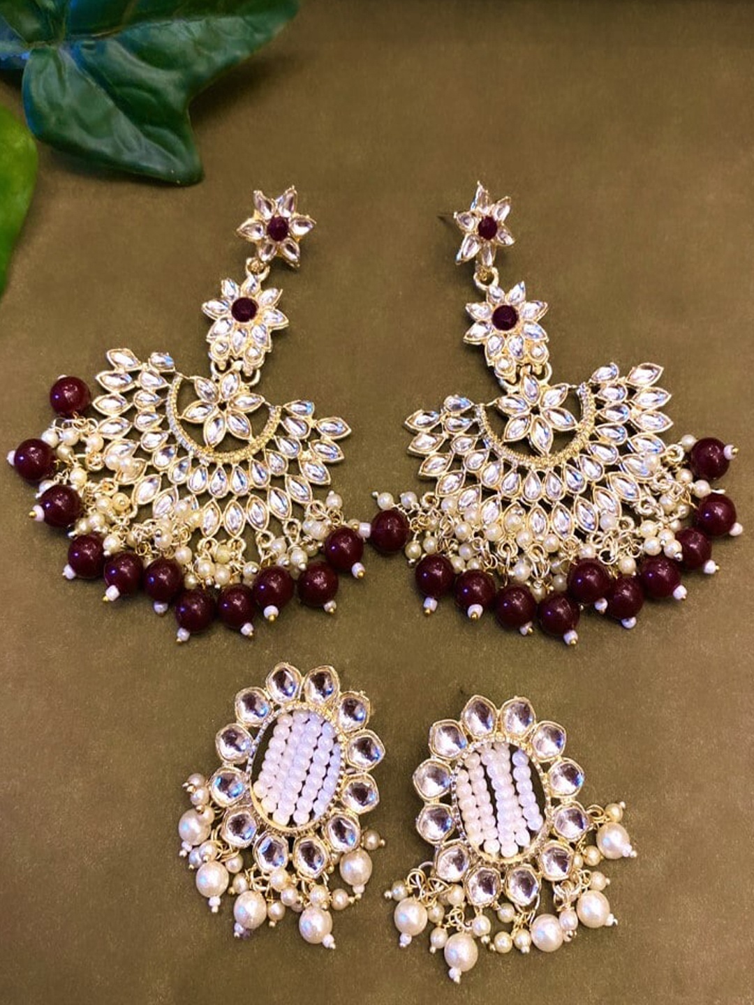 

ATIBELLE Set Of 2 Gold Plated Kundan Studded & Pearls Beaded Chandbalis