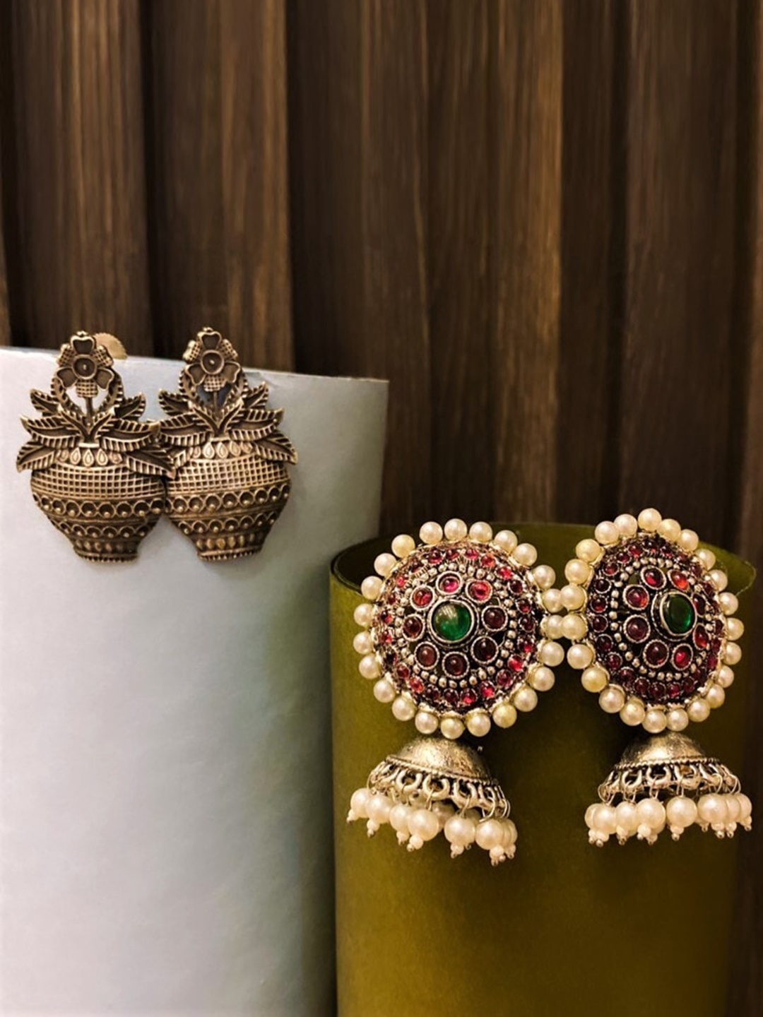 

ATIBELLE Silver-Plated Pearl Studded Contemporary Jhumkas