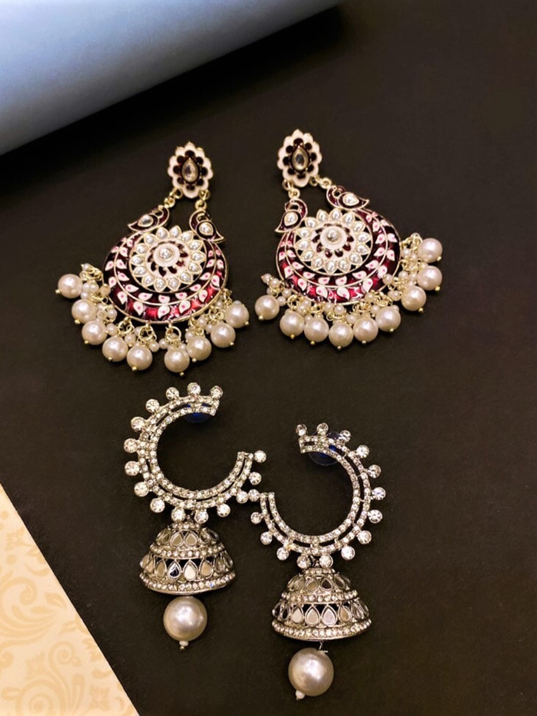 

ATIBELLE Set of 2 Gold-Plated Kundan & Pearl, Mirror Studded Earrings