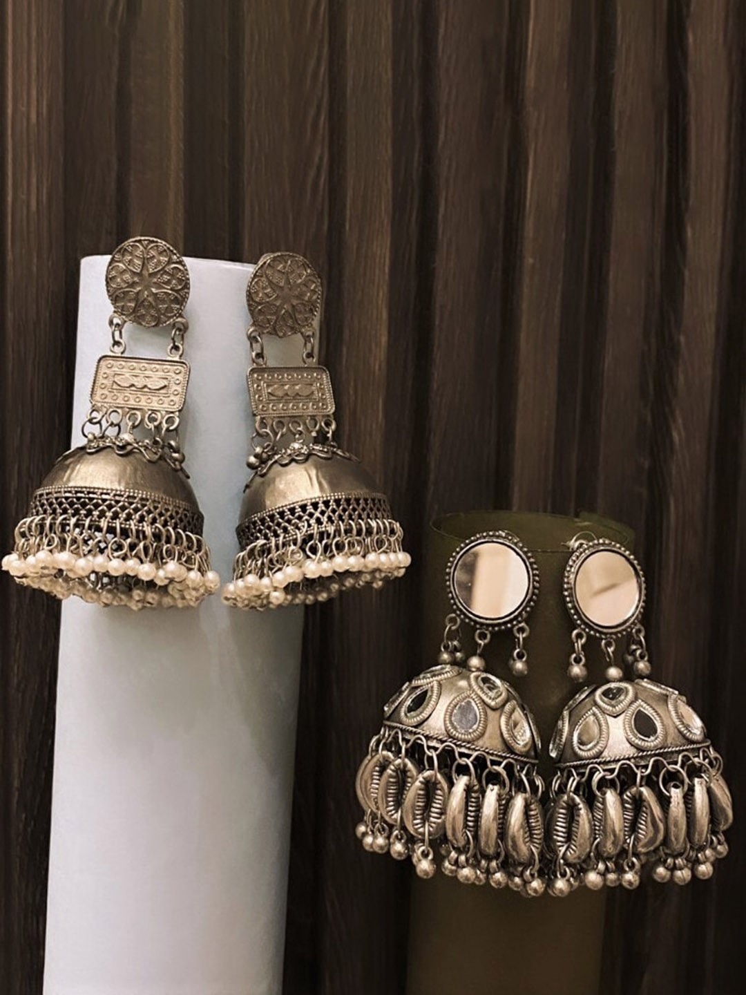 

ATIBELLE Set Of 2 Silver Plated Stone Studded & Beaded Dome Shaped German Silver Jhumkas