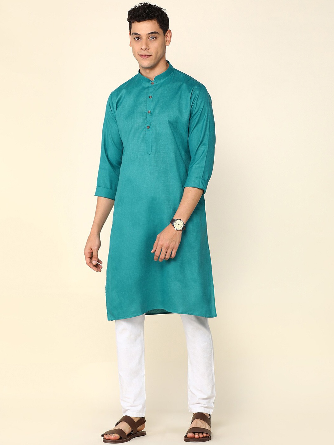 

Anubhutee Mandarin Collar Straight Kurta with Pyjamas, Teal