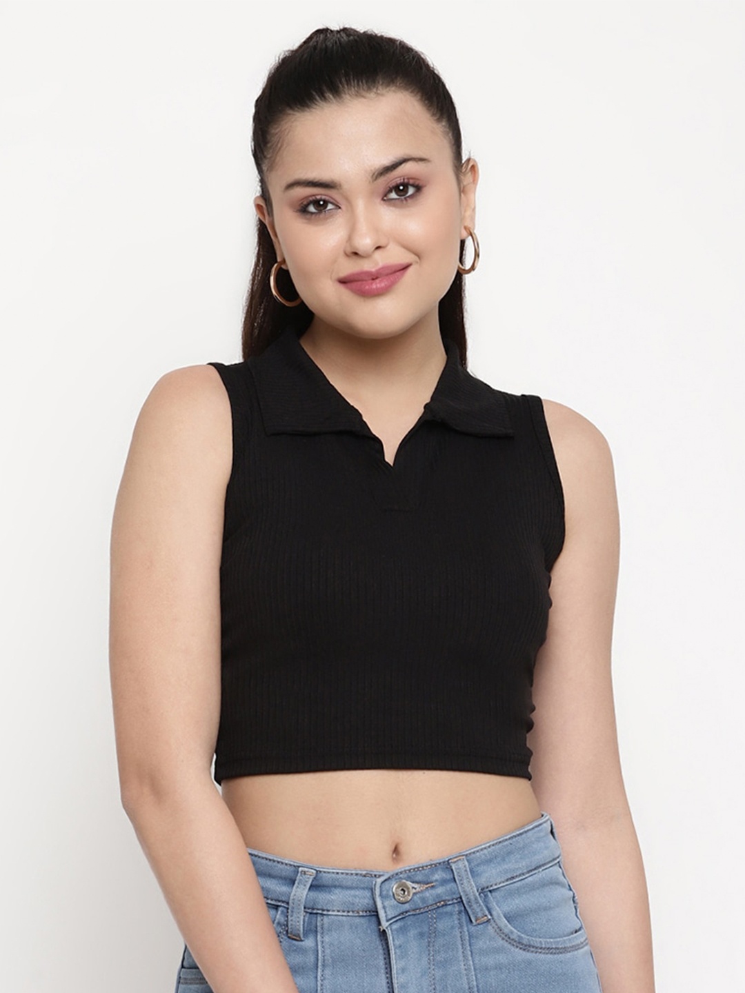 

BAESD Shirt Collar Crop Top, Black