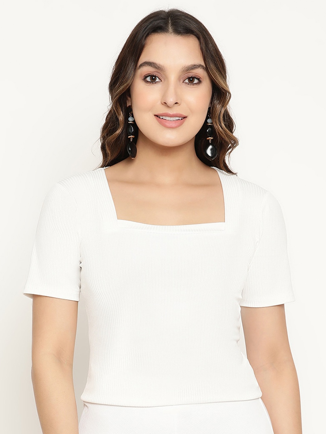 

BAESD Square Neck Half Sleeve Ribbed Top, White