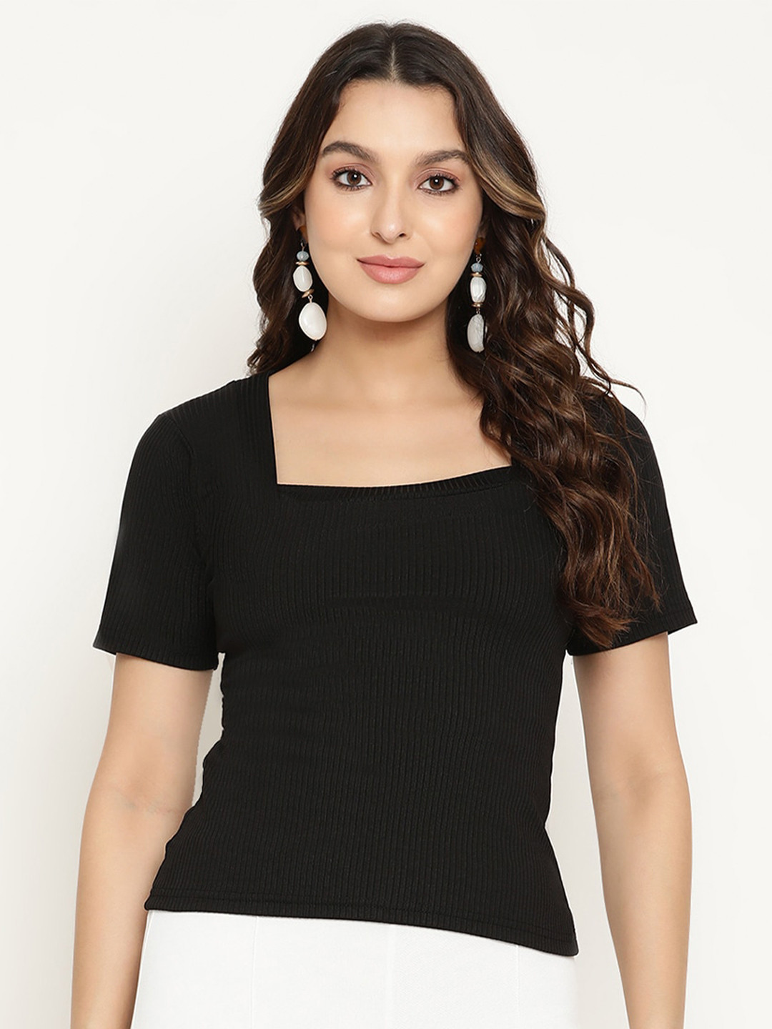 

BAESD Square Neck Half Sleeve Ribbed Top, Black