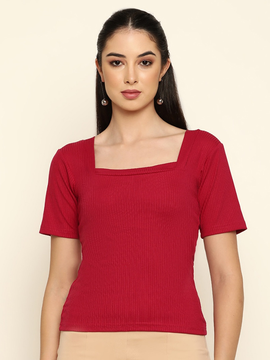 

BAESD Square Neck Half Sleeve Ribbed Top, Magenta