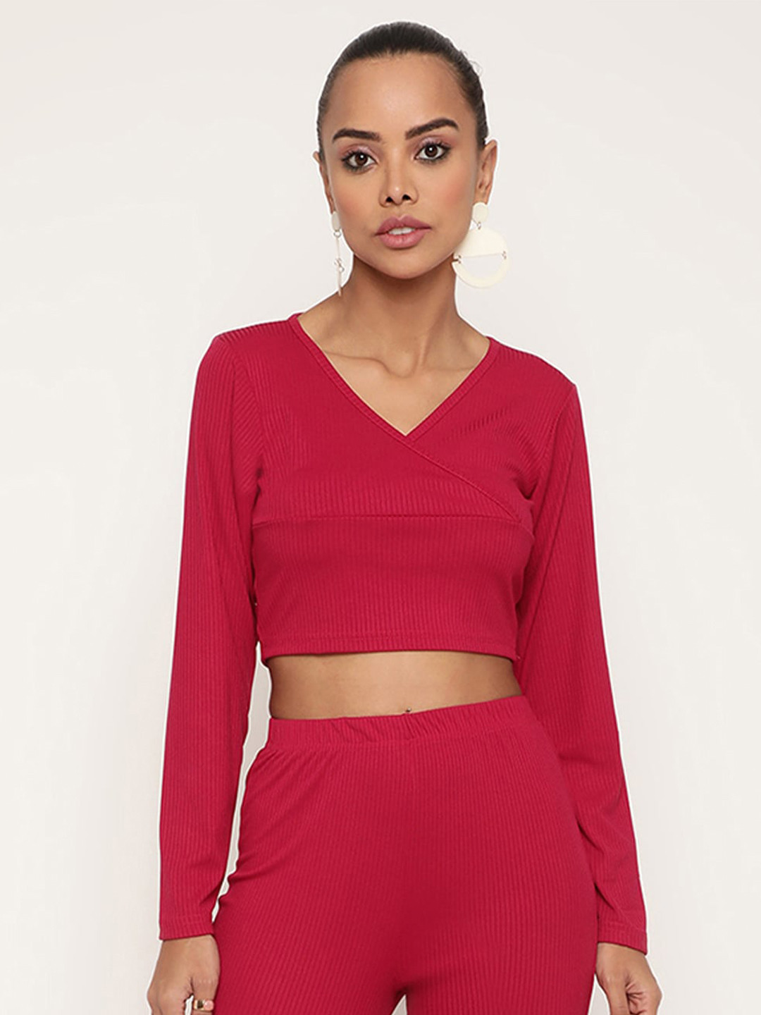 

BAESD V-Neck Long Sleeve Crop Top, Red