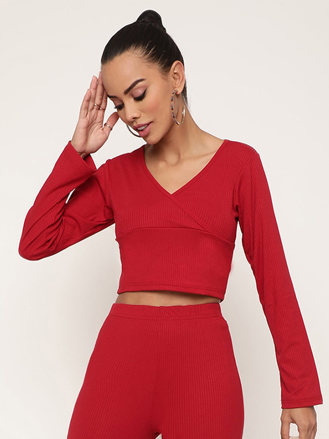 

BAESD V-Neck Long Sleeve Crop Top, Red