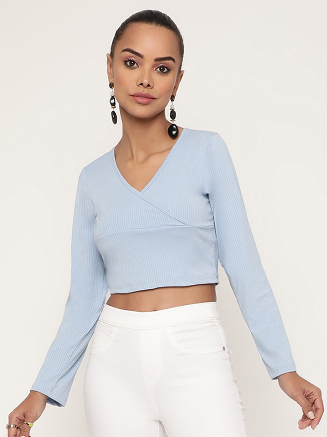 

BAESD V-Neck Long Sleeve Crop Top, Blue