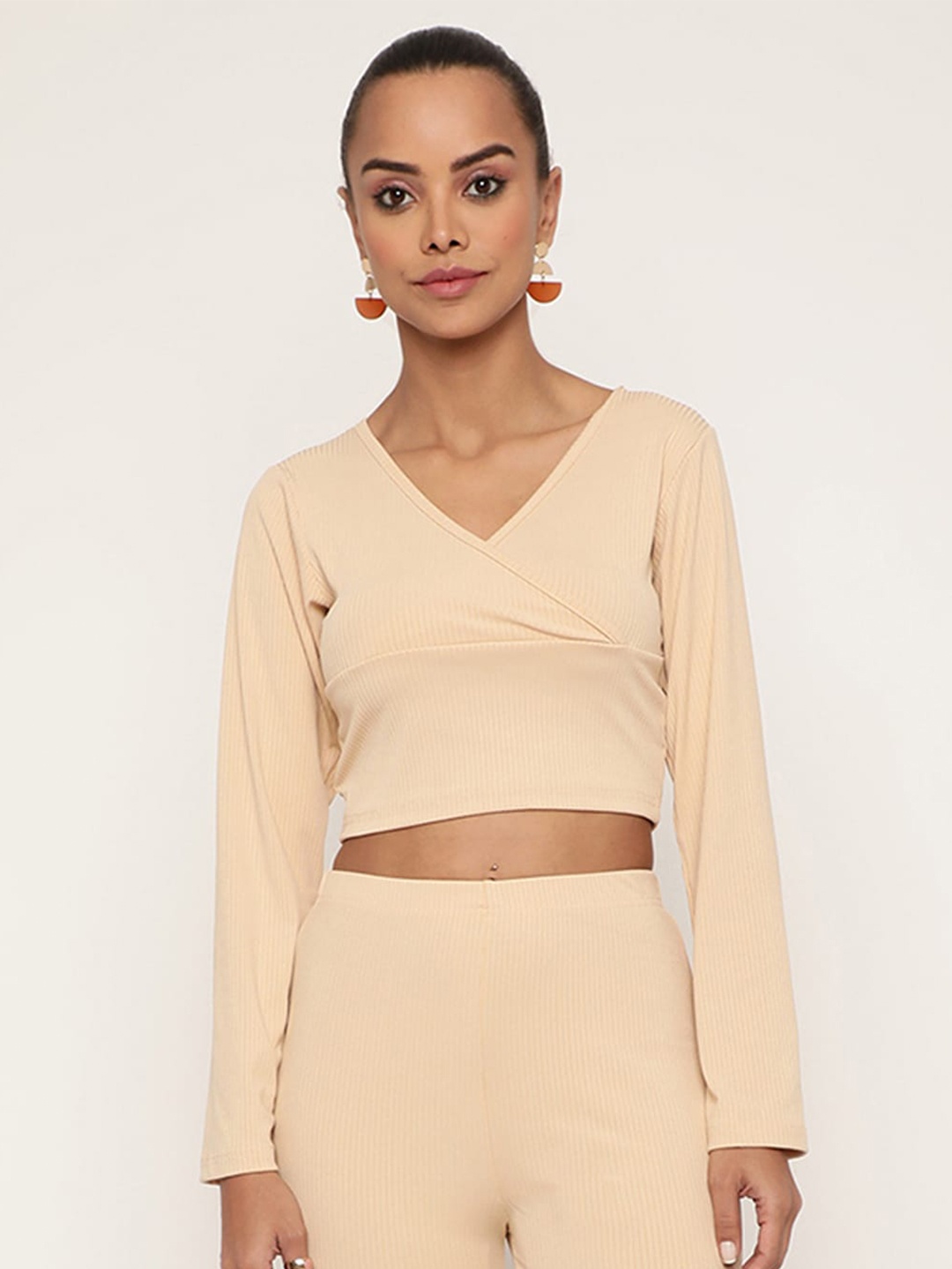 

BAESD V-Neck Ribbed Wrap Crop Top, Nude